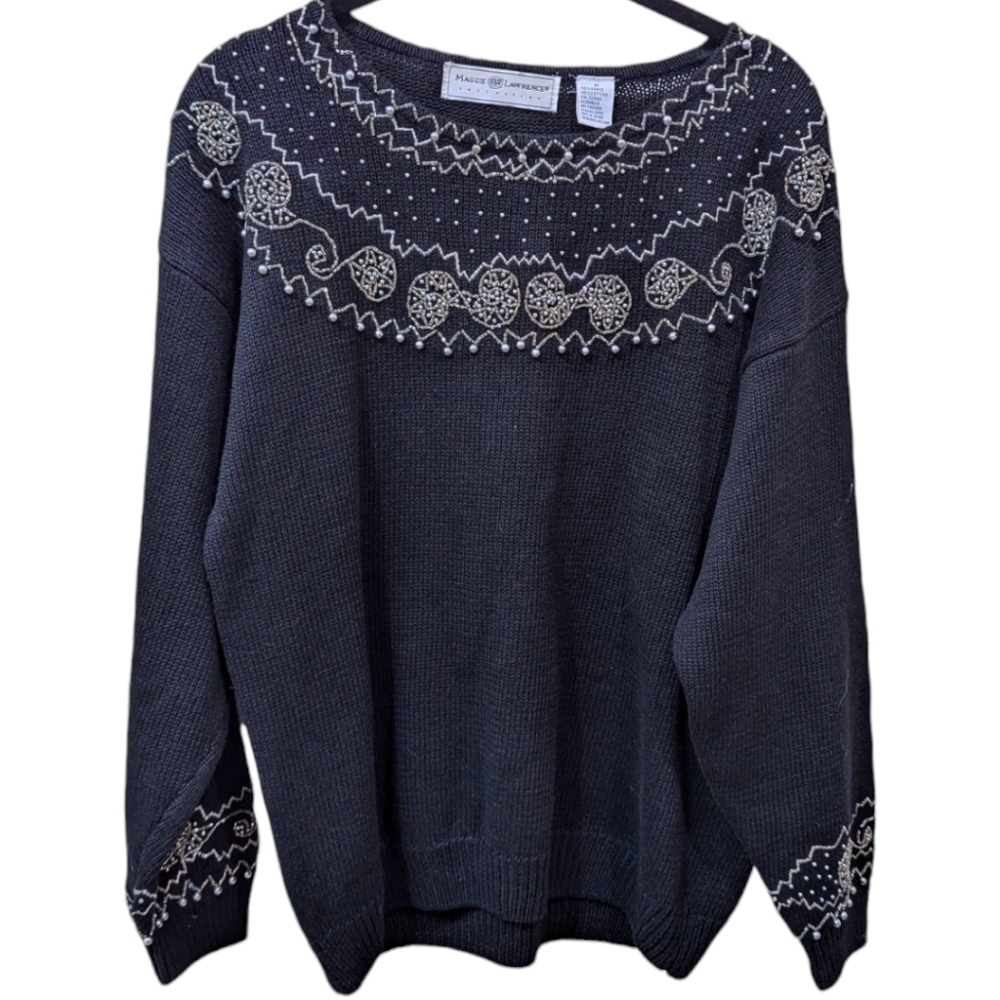 Maggie Lawrence Vintage Beaded Embellished Black Holiday Grandma Sweater (14)